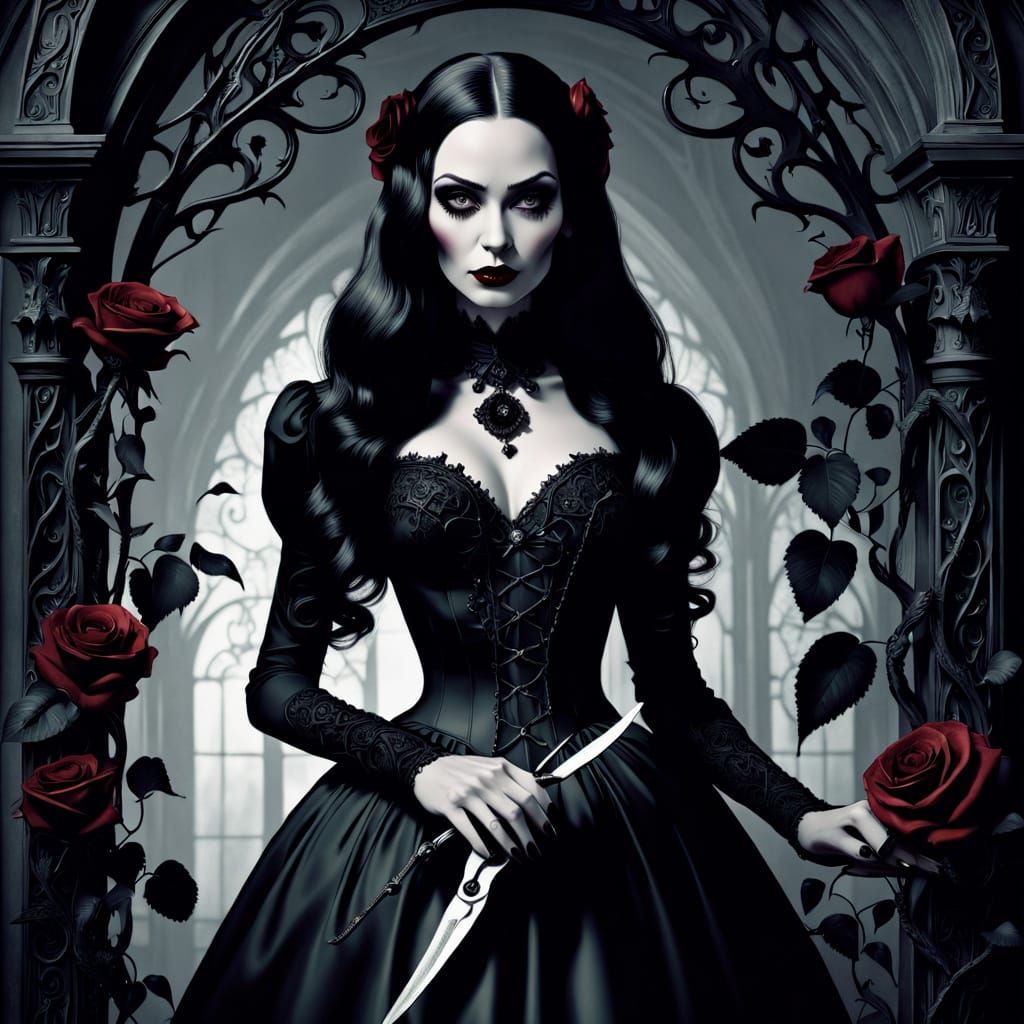 Gothic Art Nouveau Morticia Addams with Black Roses
