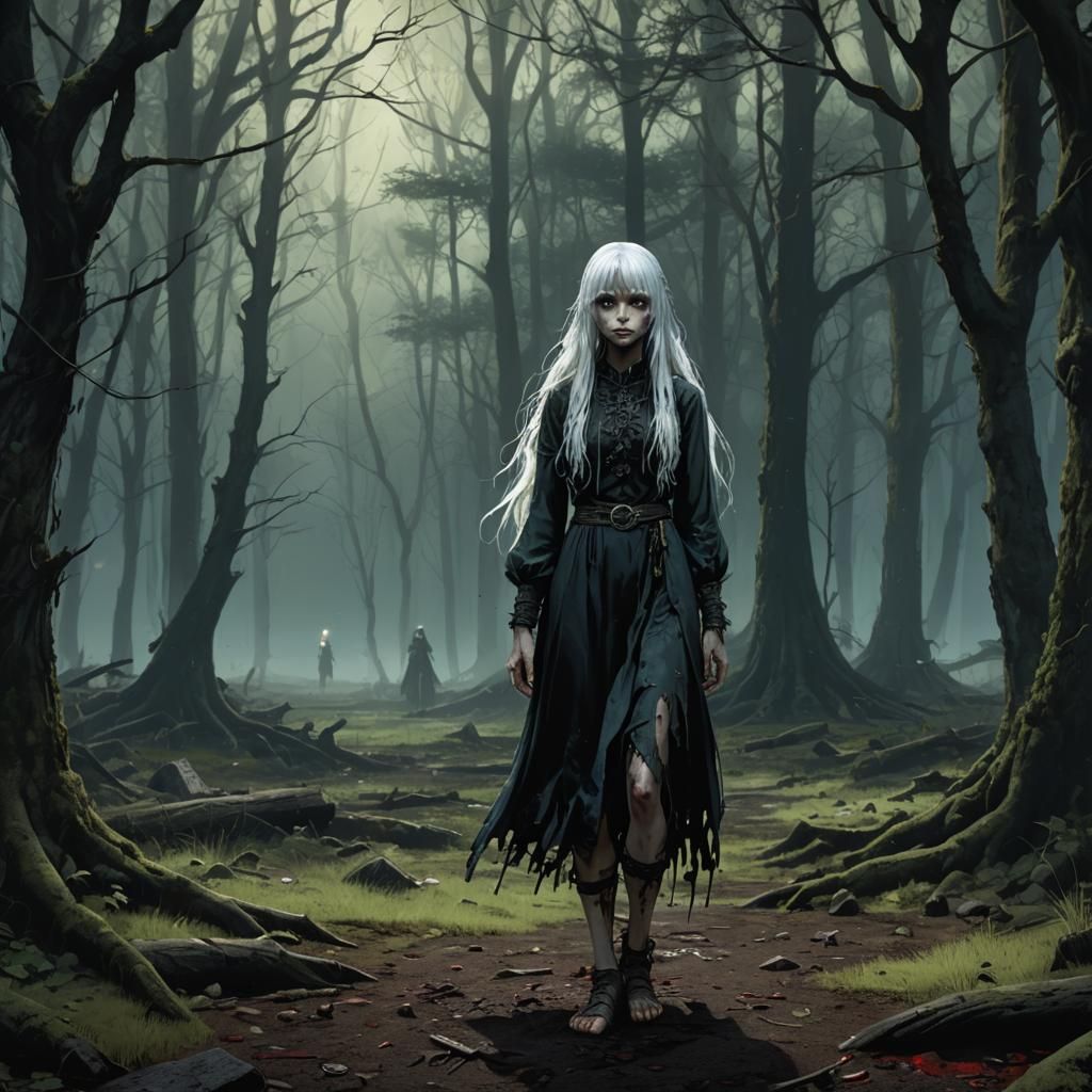 Eerie Girl in Dark Fantasy Forest Concept Art