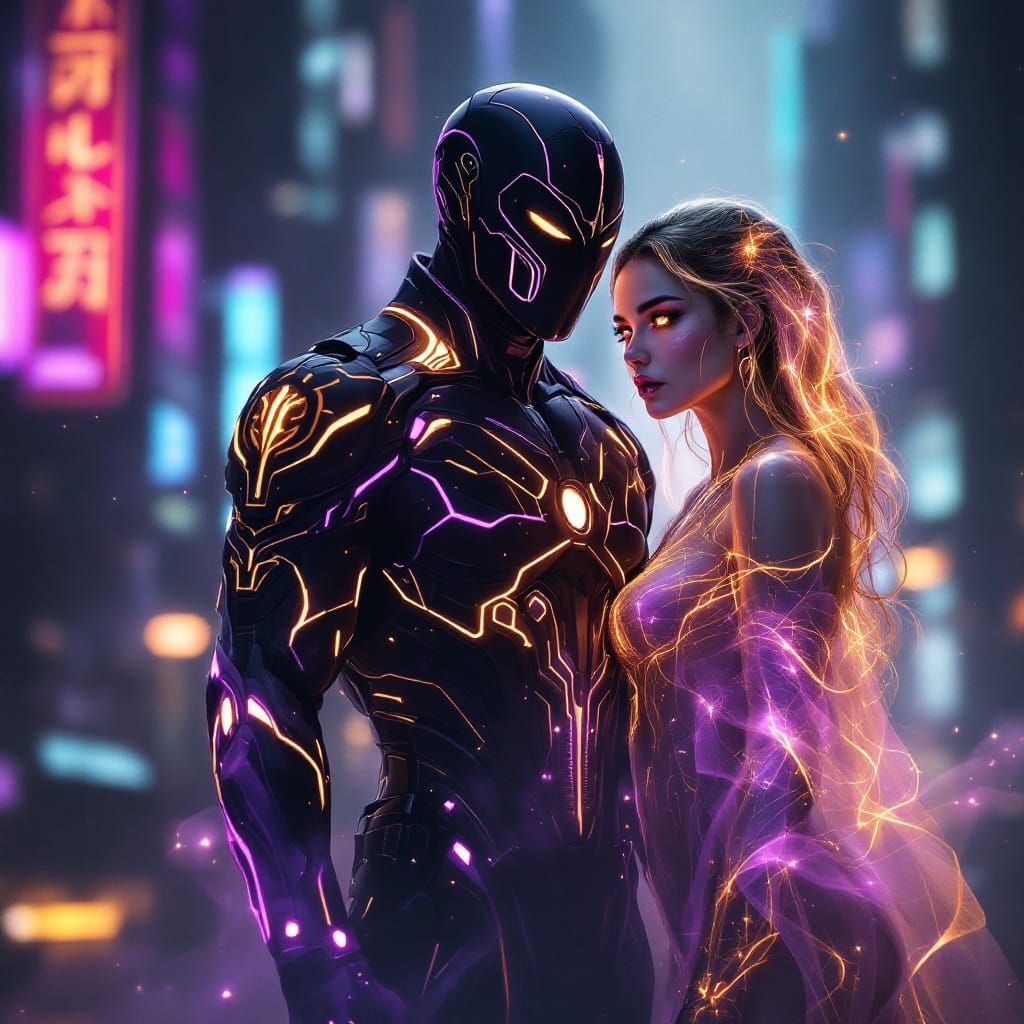 Mysterious Figure in Neon Cityscape with Cybernetic Companio...