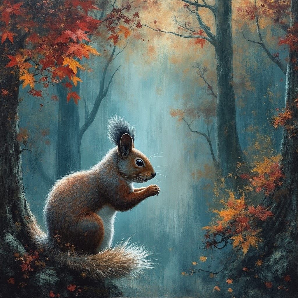 Grunge Autumn Nighttime Masterpiece with Squirrel