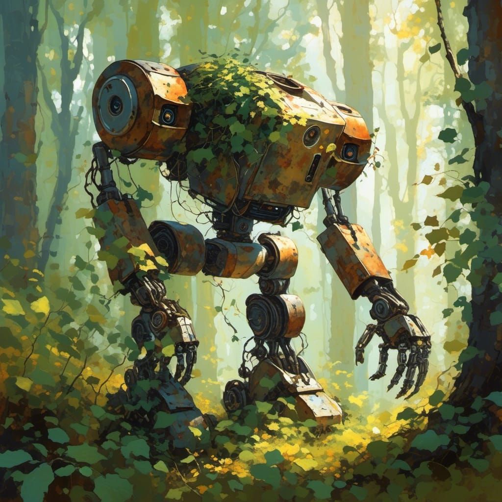 Vine-Covered Robot in Forest Clearing