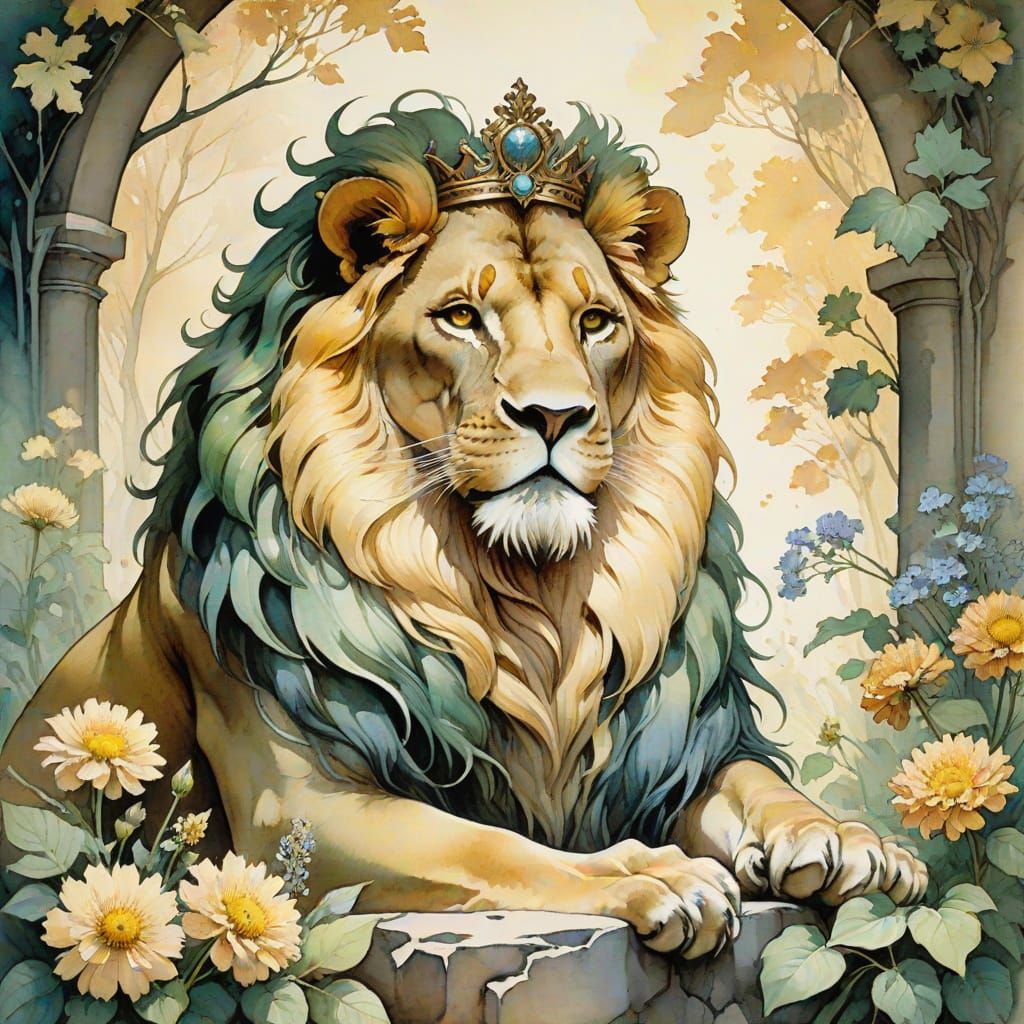 Regal Lion King on Stone Throne, Fairy Tale Art