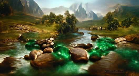 Emerald water stream. There are gray and brown rocks and big mountains around it
Pure nature 
detailed matte painting
Al...