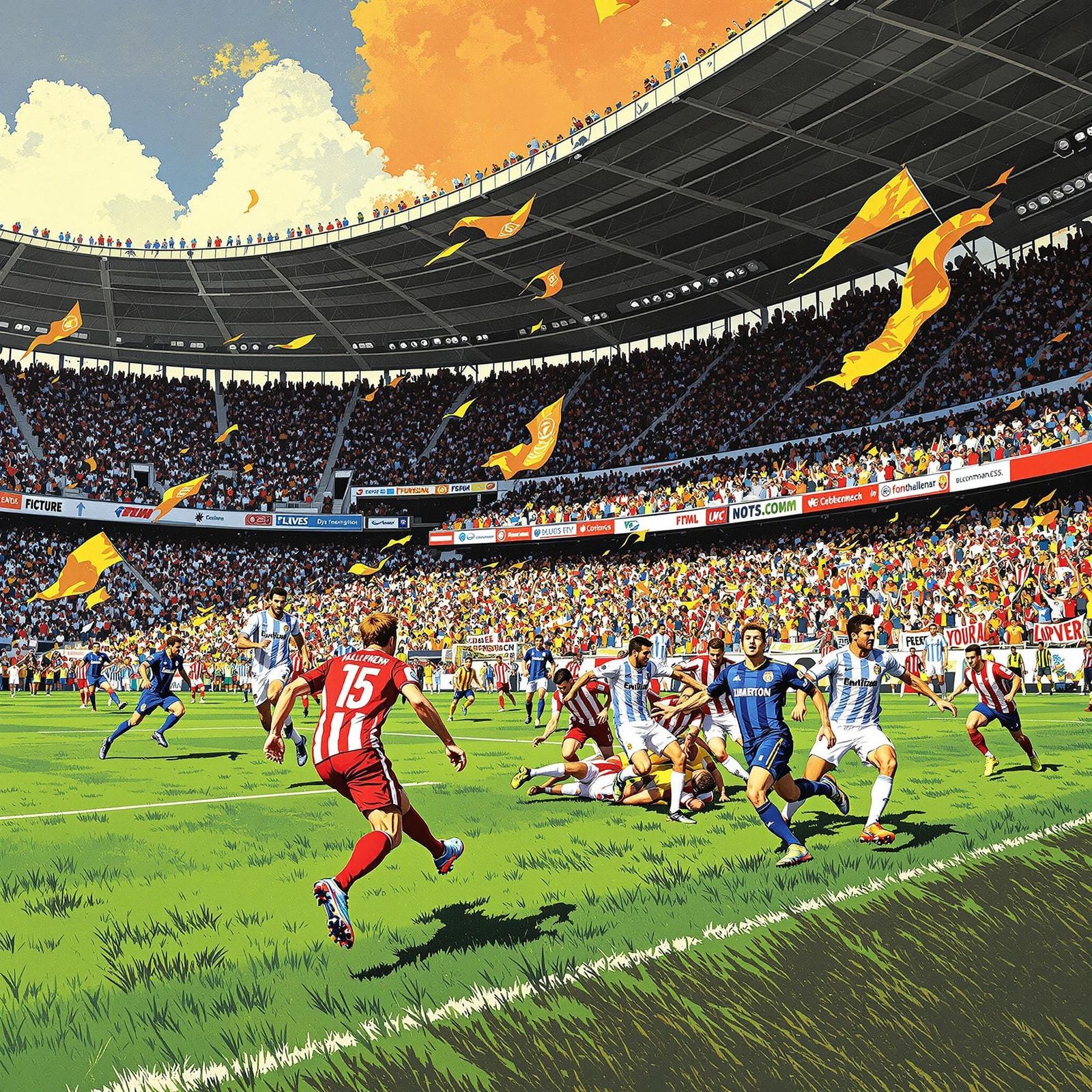 Energetic Football Match in Crowded Stadium