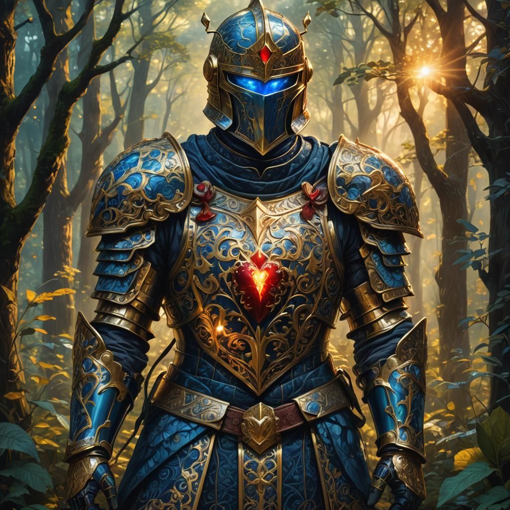 Armored Knight with Glowing Heart in Art Nouveau Style