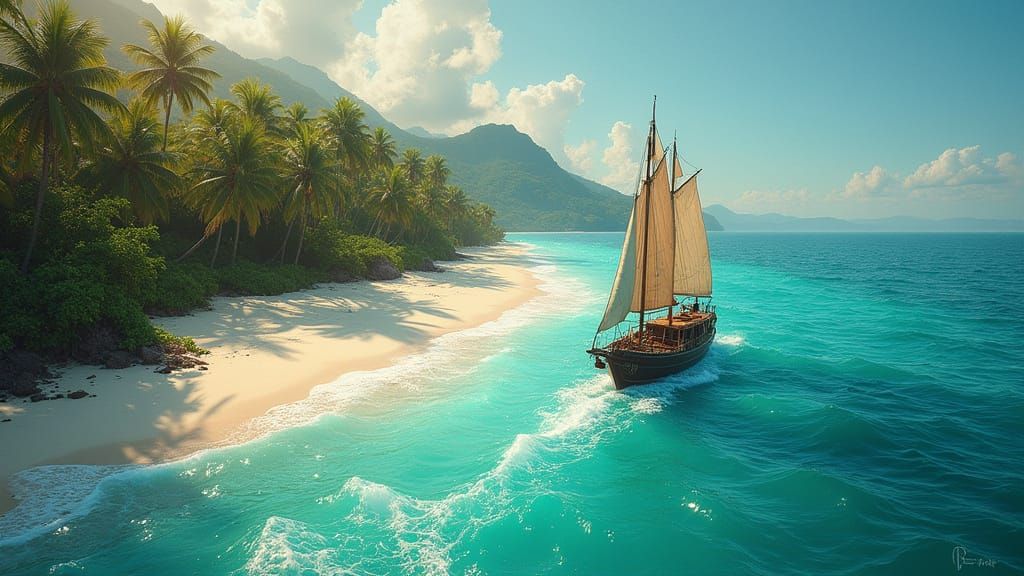 Sailing Ship Navigates Tropical Island in Matte Painting Sty...