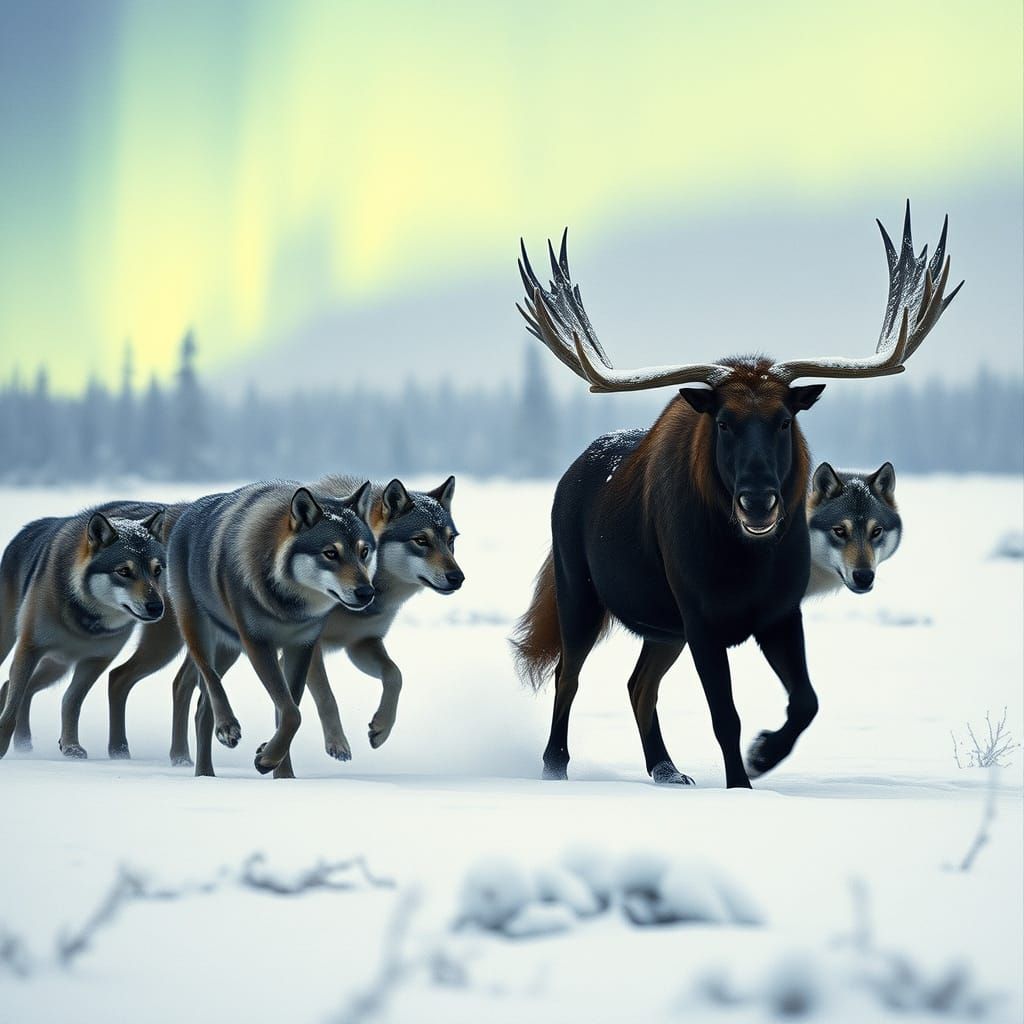 Arctic Wolves Size Up Moose Under Northern Lights