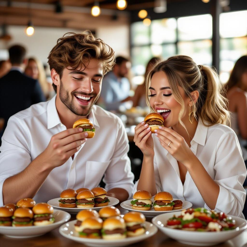Couple Enjoying Sliders at a Lively Party Buffet