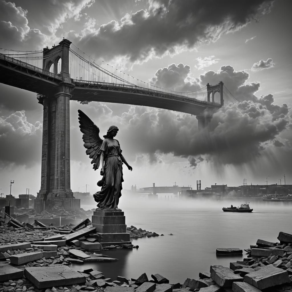 Fallen Key Bridge with Angel in Dreamy Monochrome