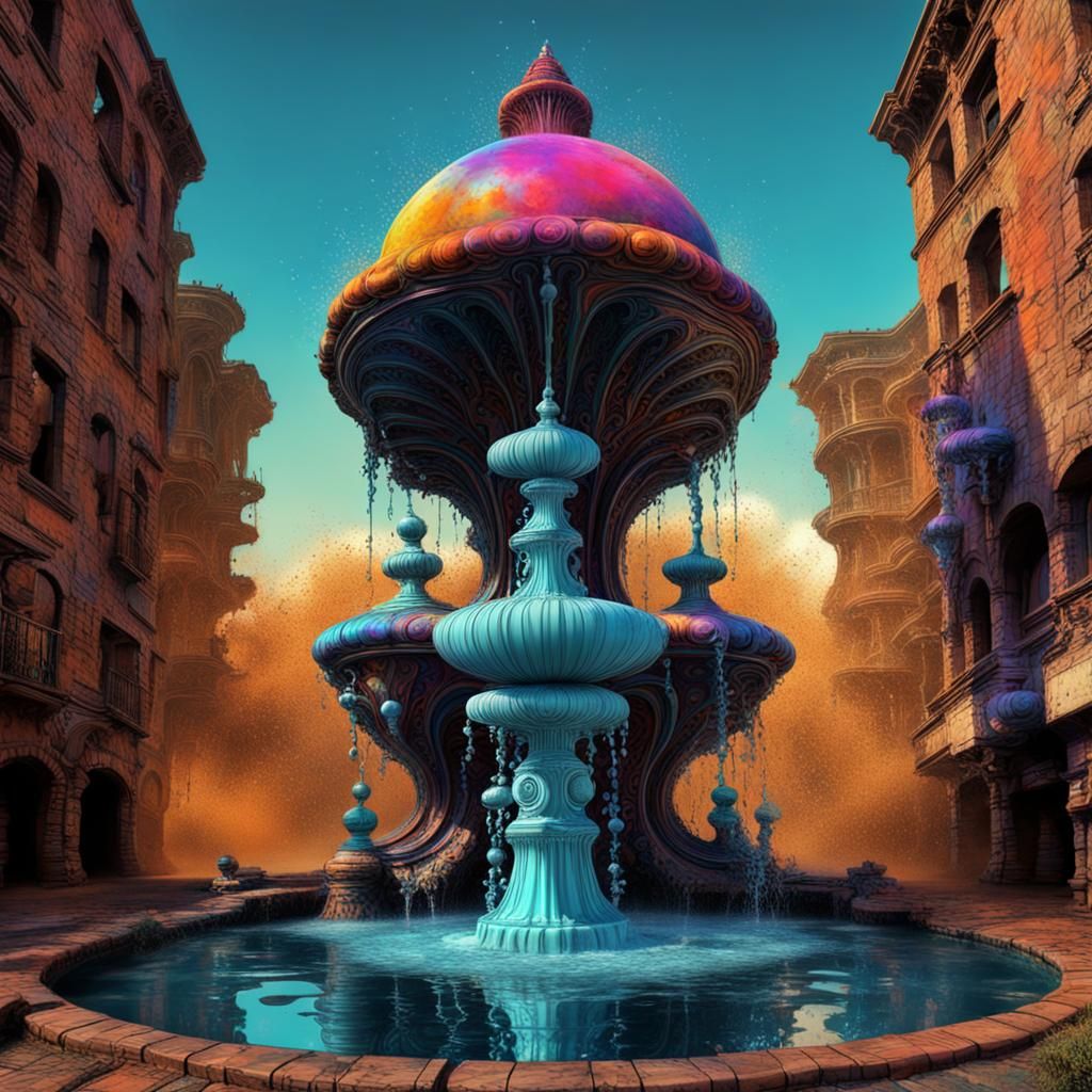 Water Fountain in Splash Art Style with Steampunk Elements