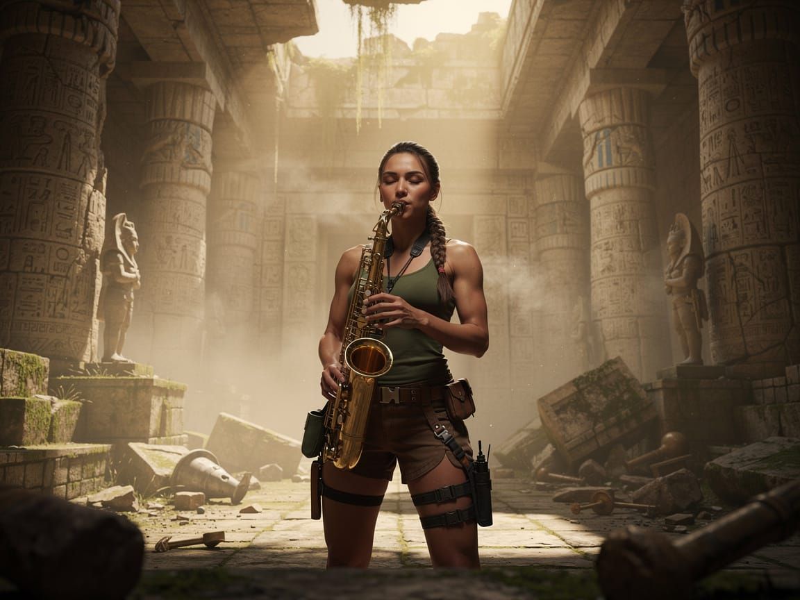 Lara Croft Plays Saxophone in Ancient Temple Ruins