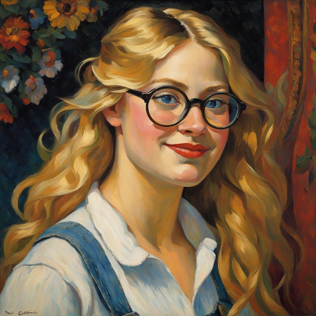 Blond Woman in Theater, Gauguin-esque Impasto Portrait