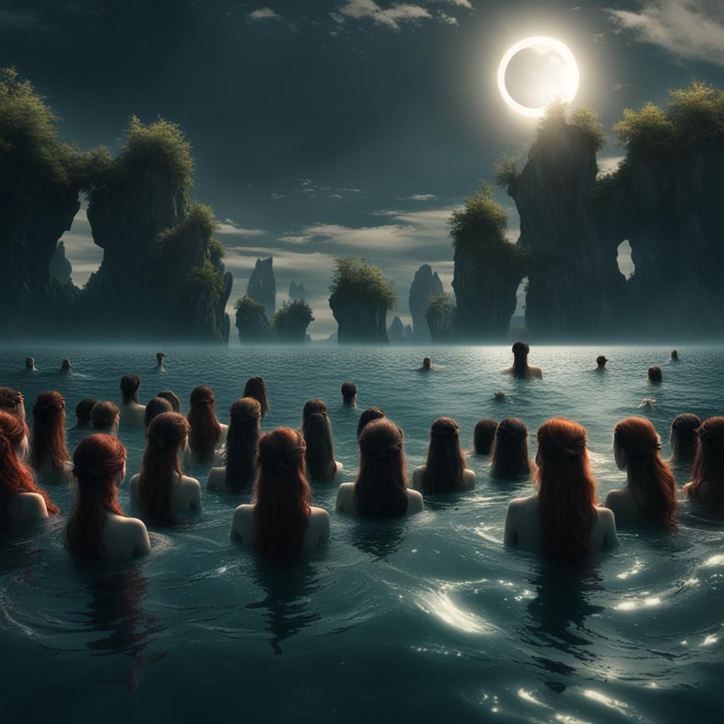 Mermaids Sing to Solar Eclipse: Detailed Matte Painting