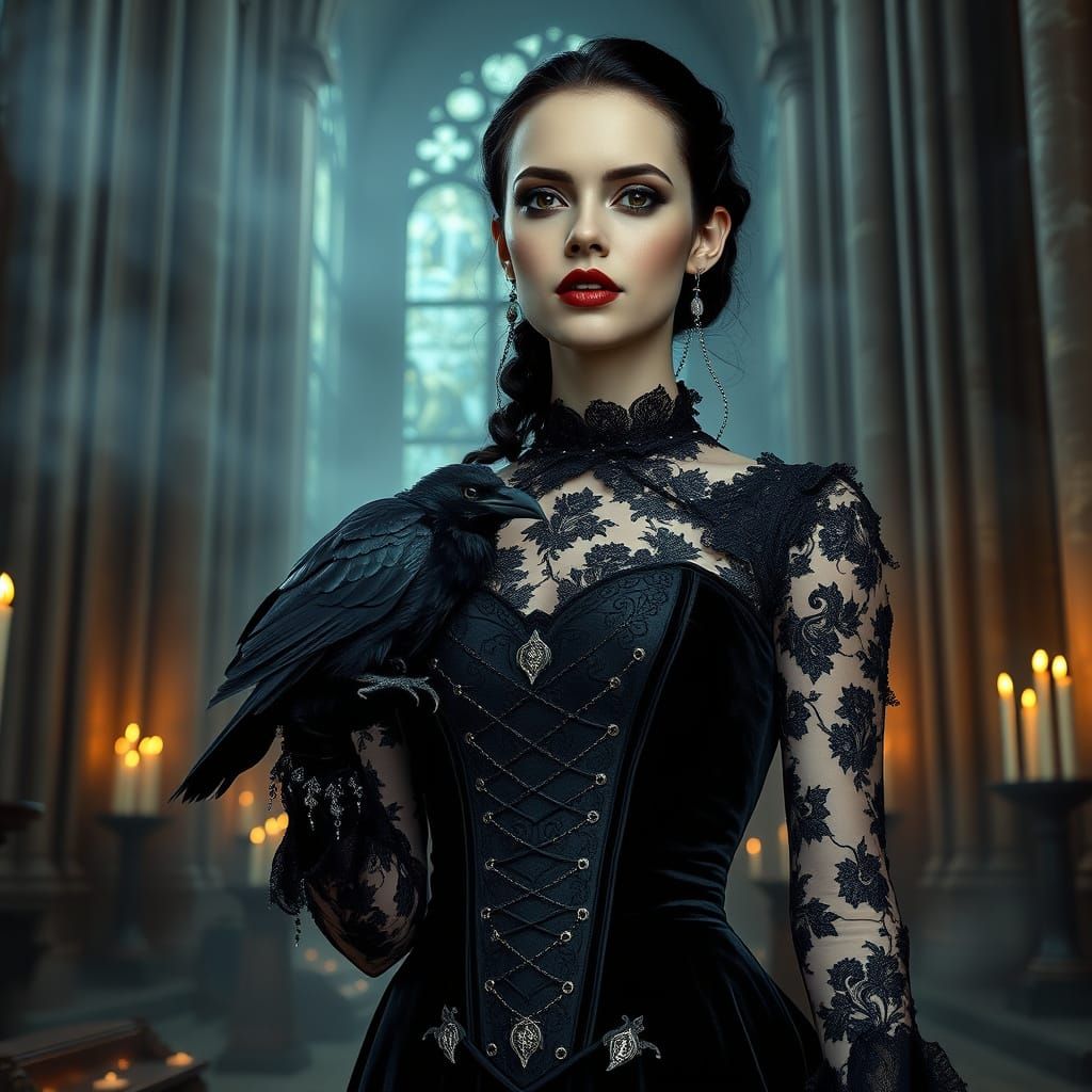 Gothic Beauty in Velvet Corset, Surrounded by Candlelit Myst...