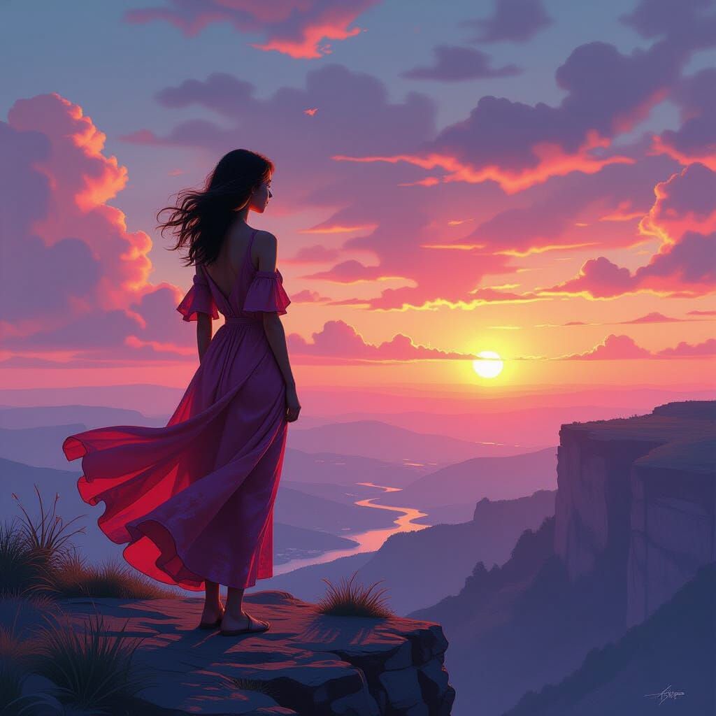 Ethereal Woman at Sunset: Dreamy Digital Art