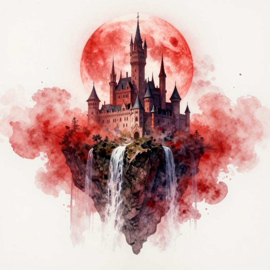 Mystical Castle on Cliff with Blood Moon and Scarlet Fog