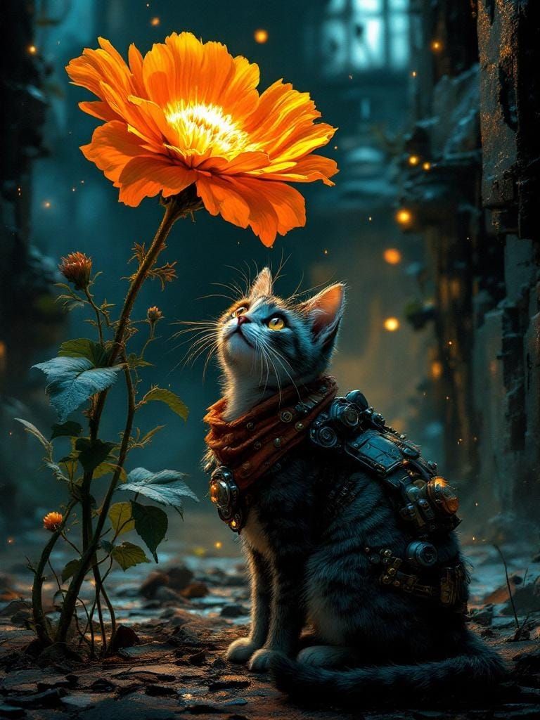 Cat Under Giant Flower in Steampunk Style