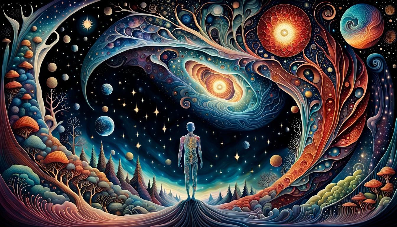 Cosmic Rebirth: Human Body in Surreal Space