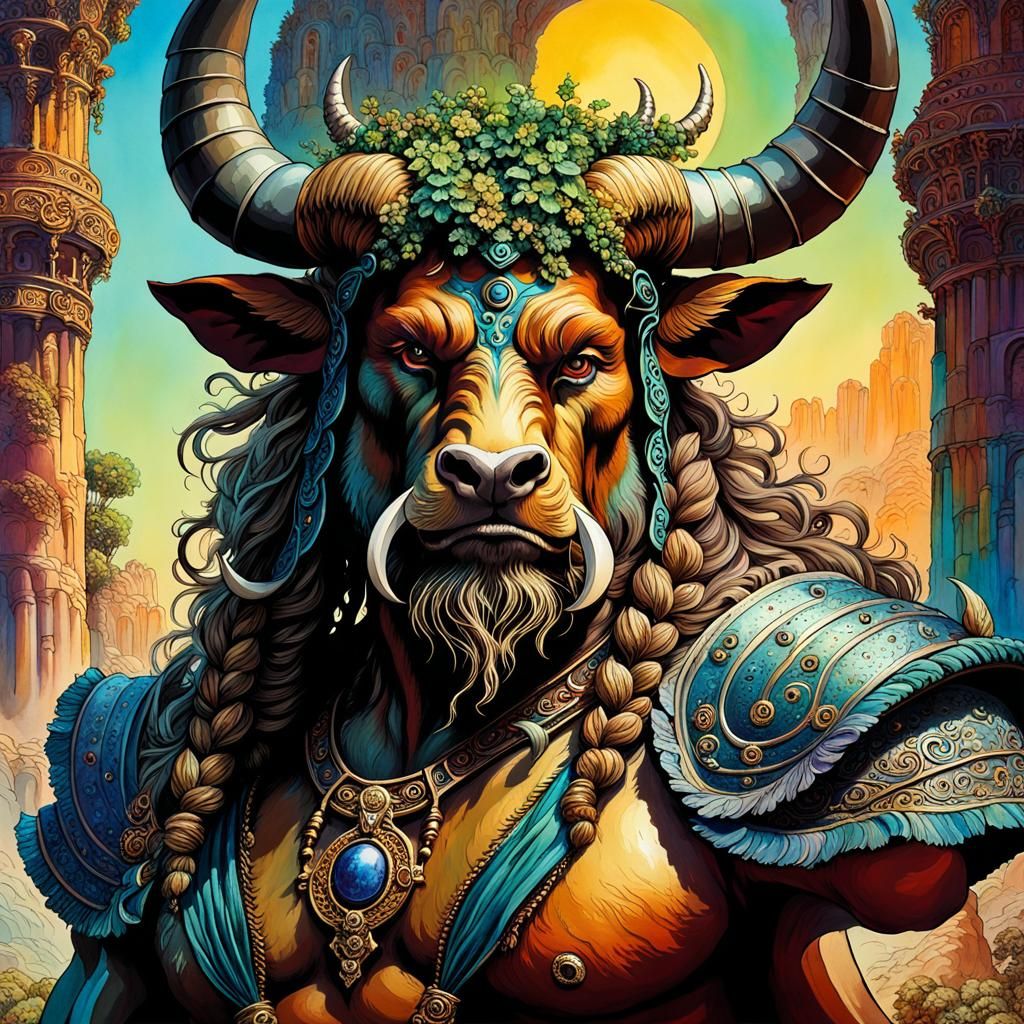 Minotaur Druid Portrait in Alcohol Ink Style