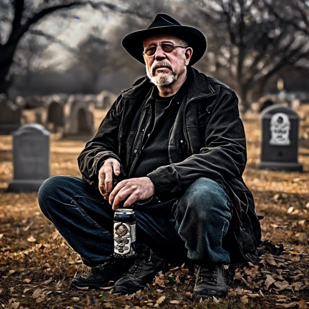 Man in Graveyard with Beer and Mushrooms