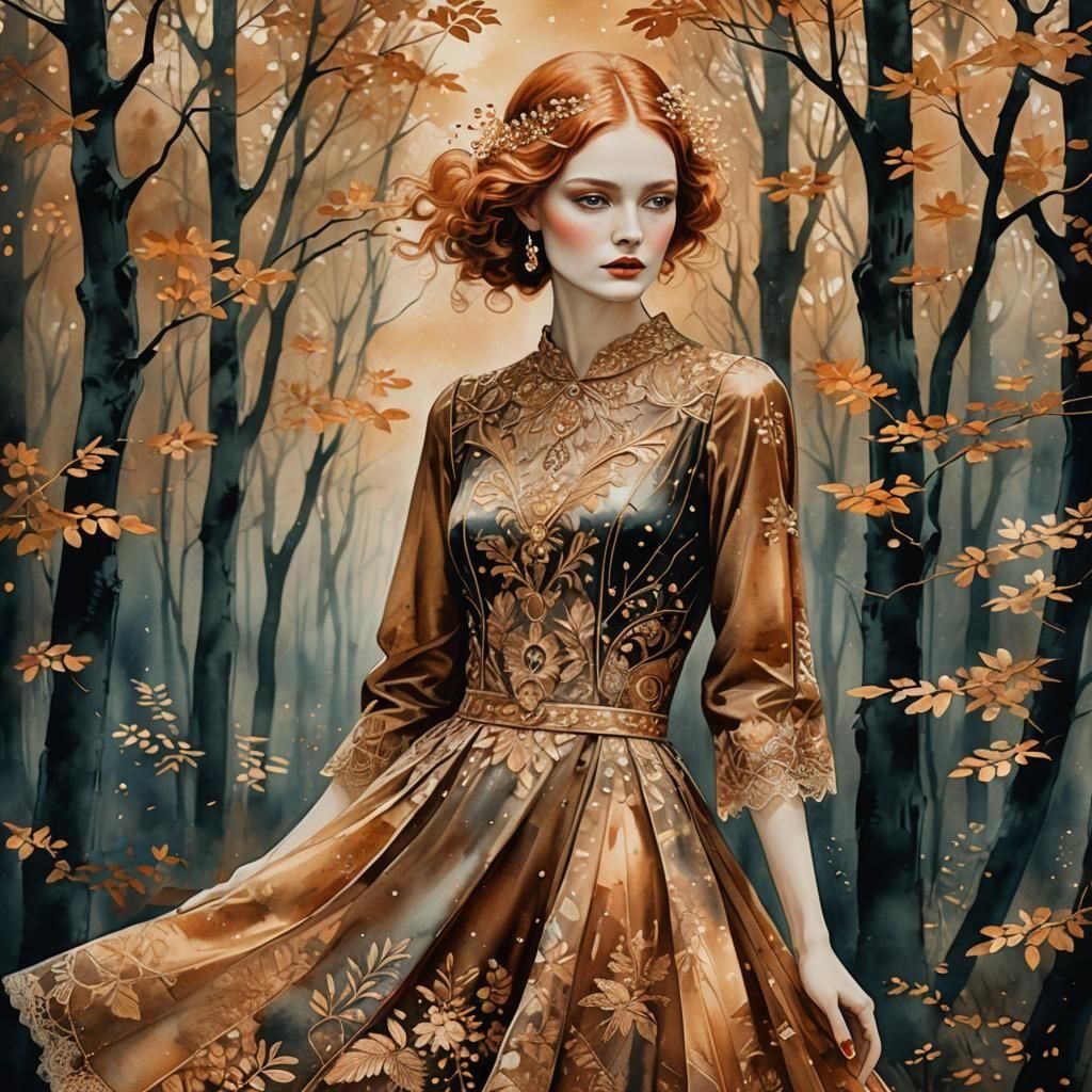 Glowing Copper Lady in Forest Watercolor Portrait