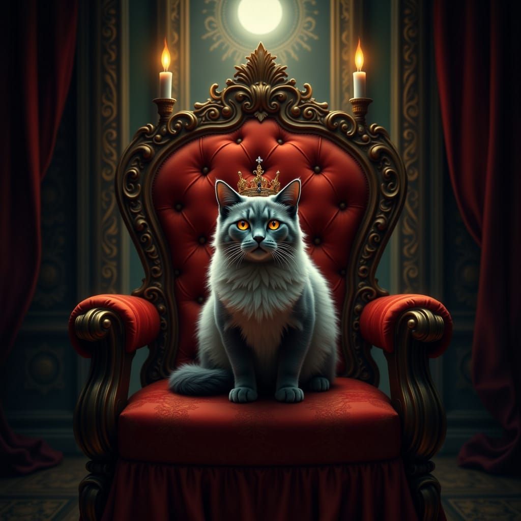 Majestic Siamese Cat King on Throne, Oil Painting