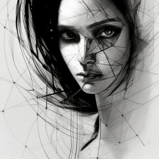 Shattered Mirror: Woman's Portrait in Pencil Sketch