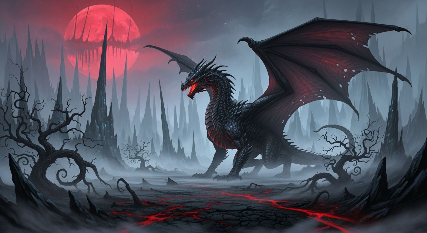 Obsidian Dragon in a Dark Fantasy Landscape