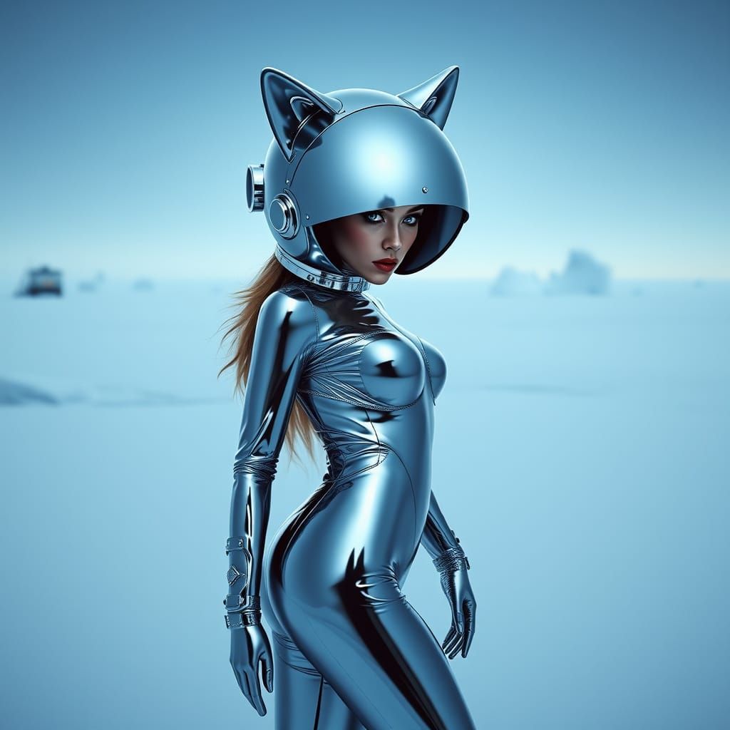Cyberpunk Goddess of Antarctica in Chrome Catsuit