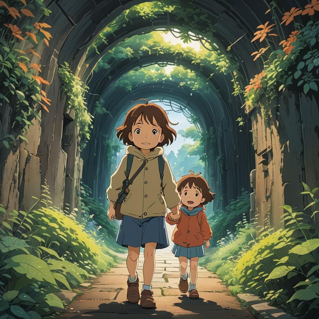 Children Embrace in Dreamy Ghibli-Style Hair Tunnel