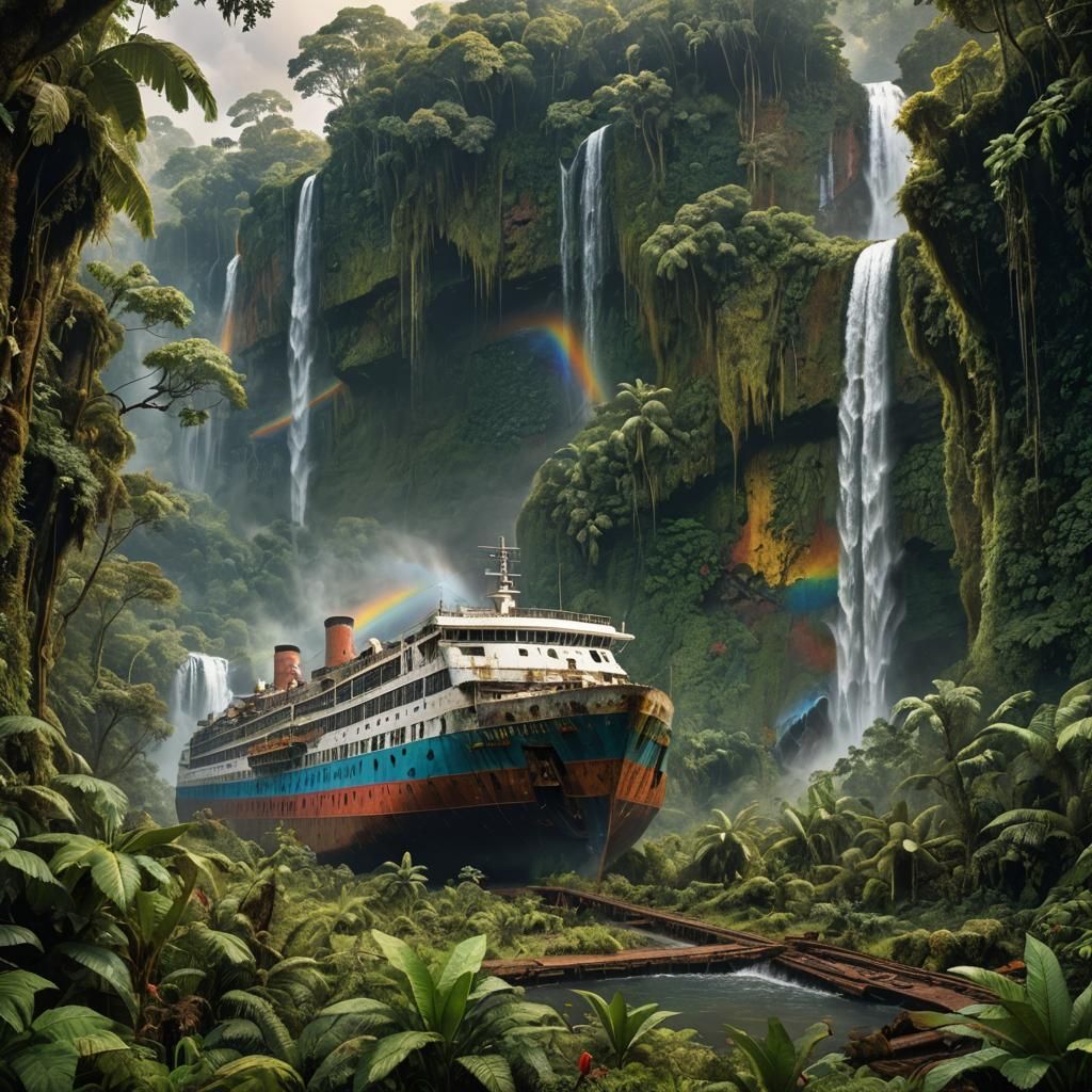 Old rusty overgrown cruse liner ship on ground in rainforest, giant waterfall in the back, rainbow ,wild life,
