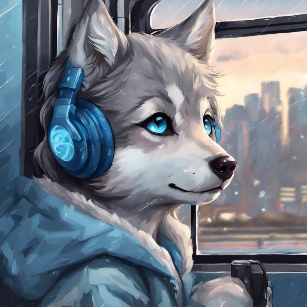 Cute Wolf Cub Listening to Music in Anime Style