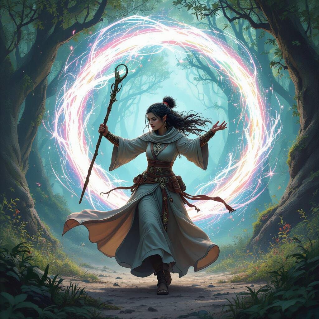 Halfling Warrior Dances in Mystical Forest, Matte Painting