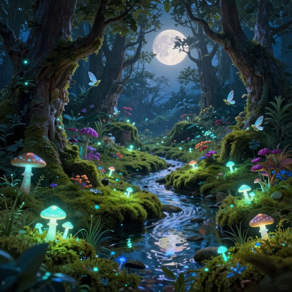 Bioluminescent Moss Garden Twilight Fantasy Art