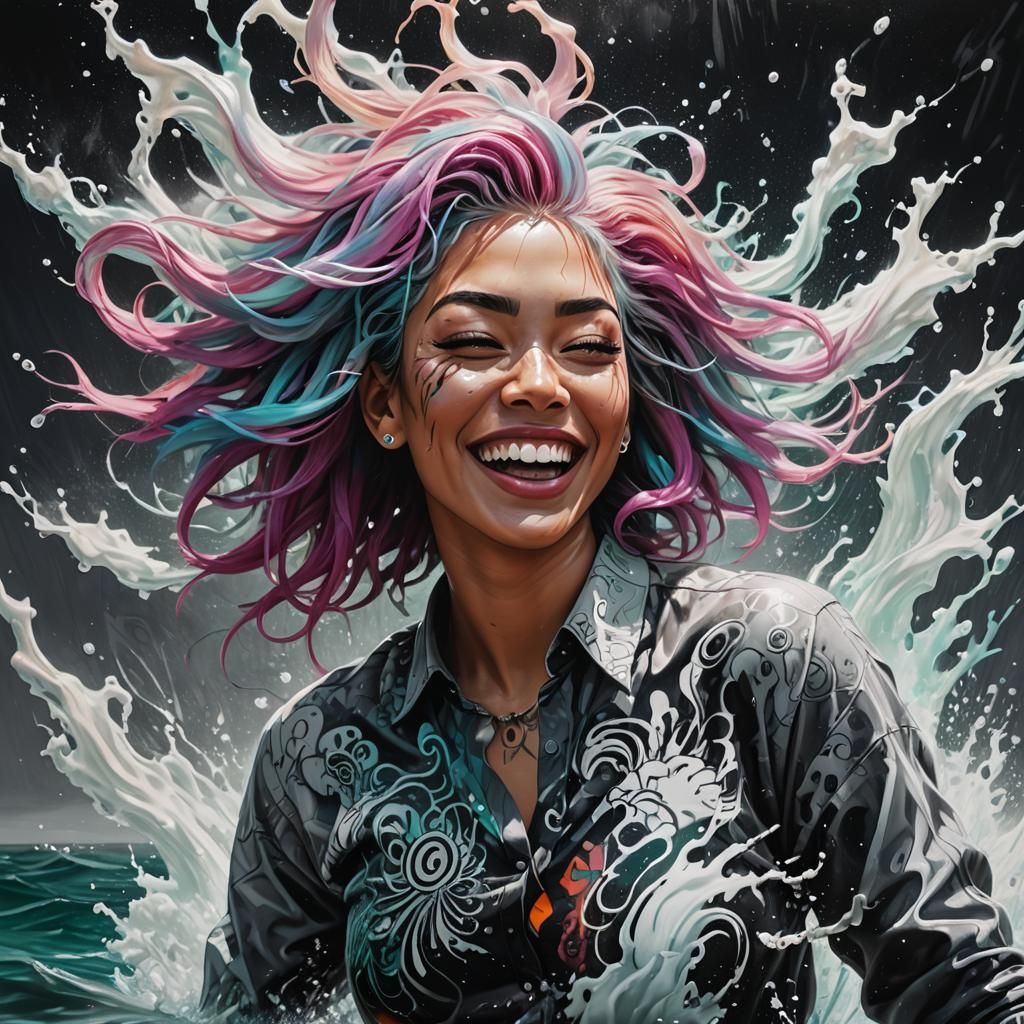 Neon-Lit Woman Laughing: Glitch-Inspired Fantasy Anime