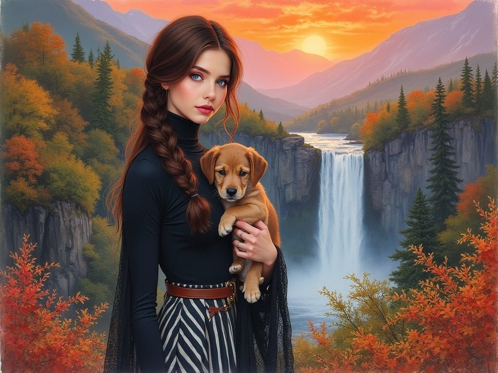 Woman With French Braid and Bold Makeup in Watercolor Style