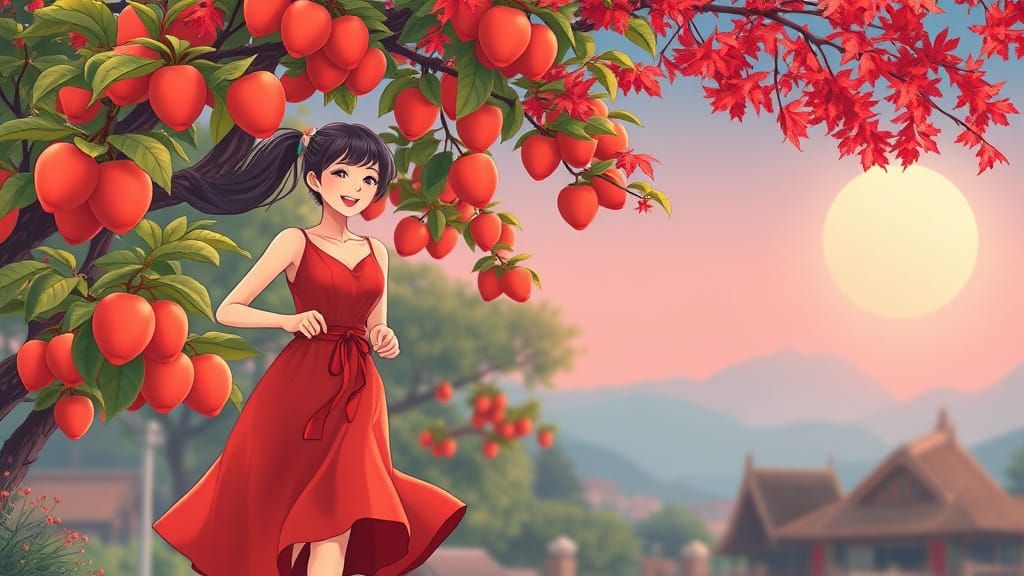 Anime Girl in Red Dress at Autumn Harvest