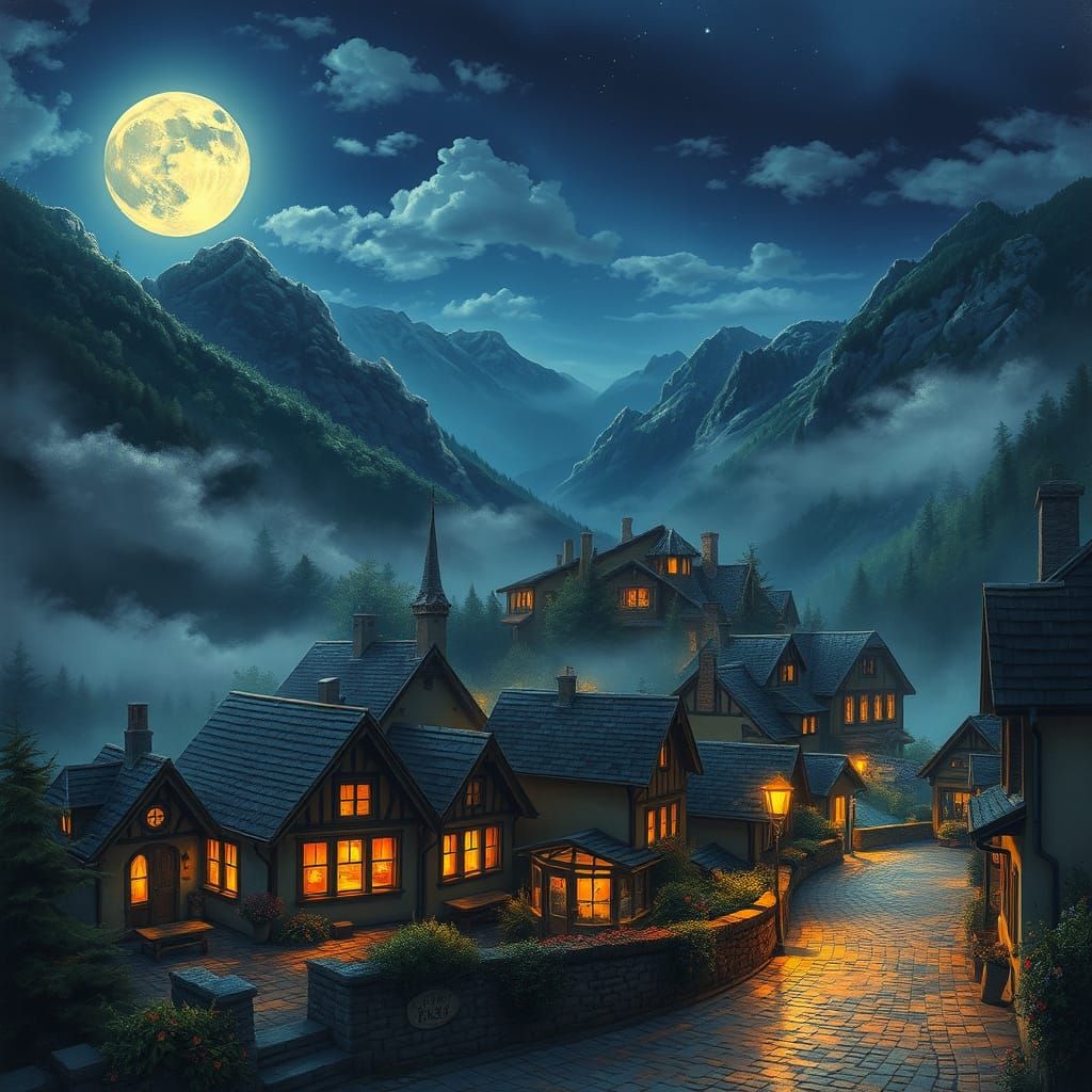 Ethereal Mountainside Village Under a Glowing Moon