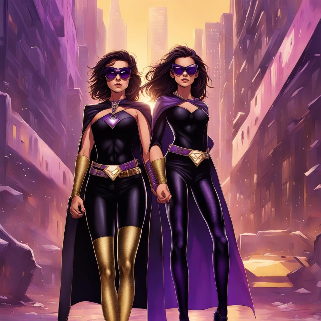 Superhero Girl in Purple and Gold Outfit, Digital Art