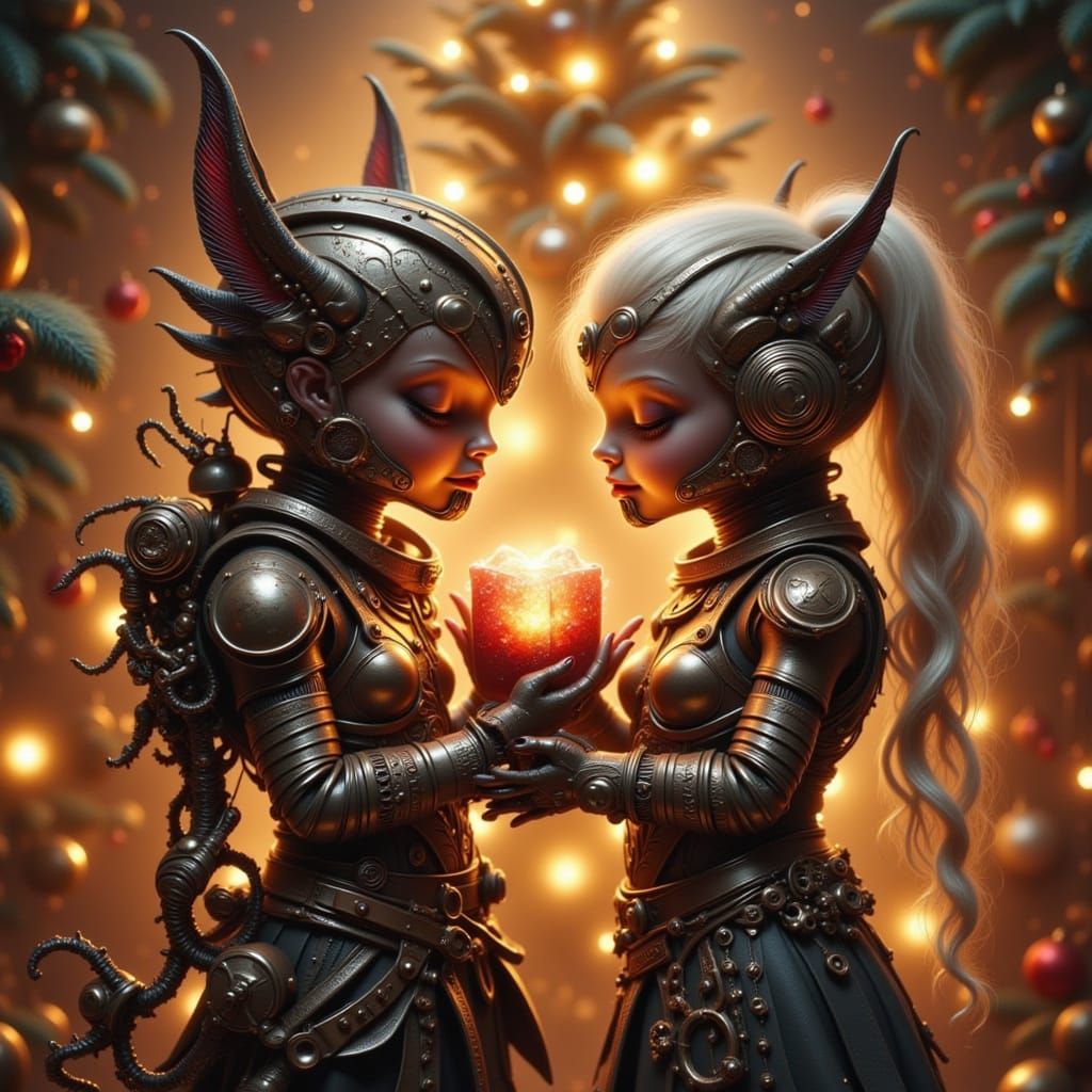 Steampunk Cylon Lovers Embrace Under Christmas Tree