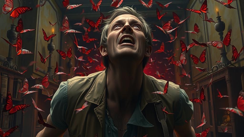 Madman Surrounded by Blood-Red Butterflies: Surreal Scene