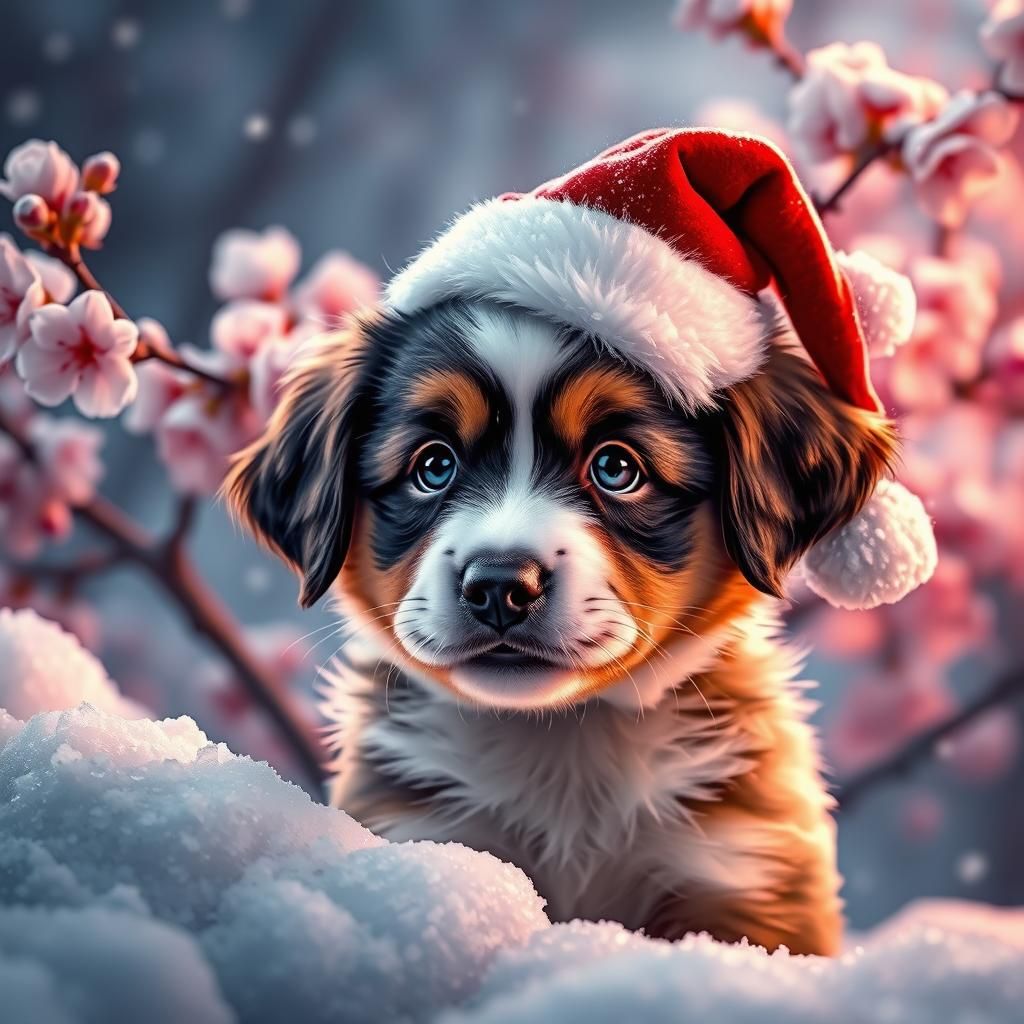 Festive Puppy in Snow with Cherry Blossoms