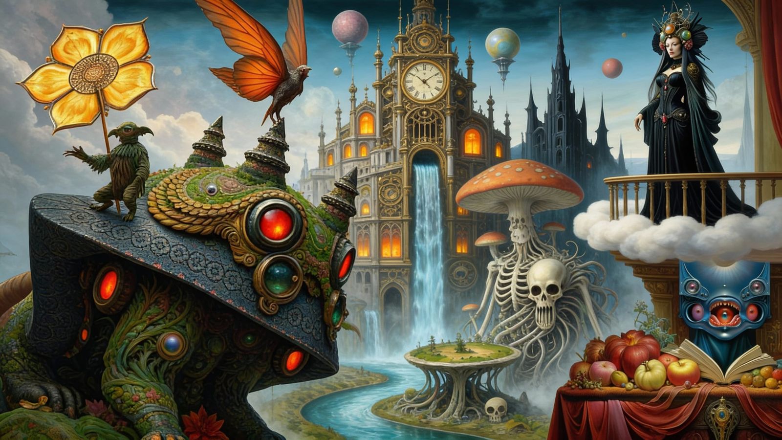 Fantastical Realm Surveyed from Cloud Balcony in Detailed Pa...