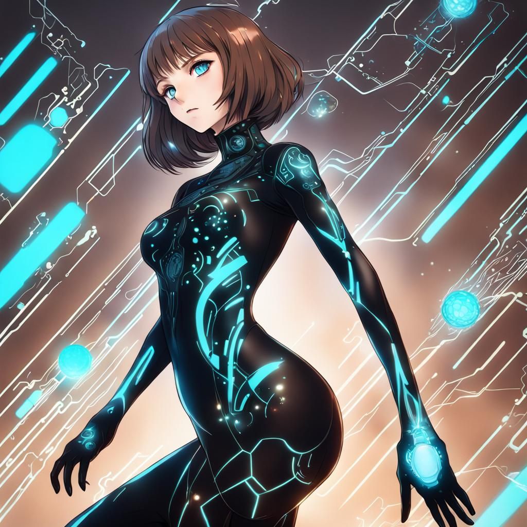 Cyberpunk Woman Casting Fireball in Cyberspace