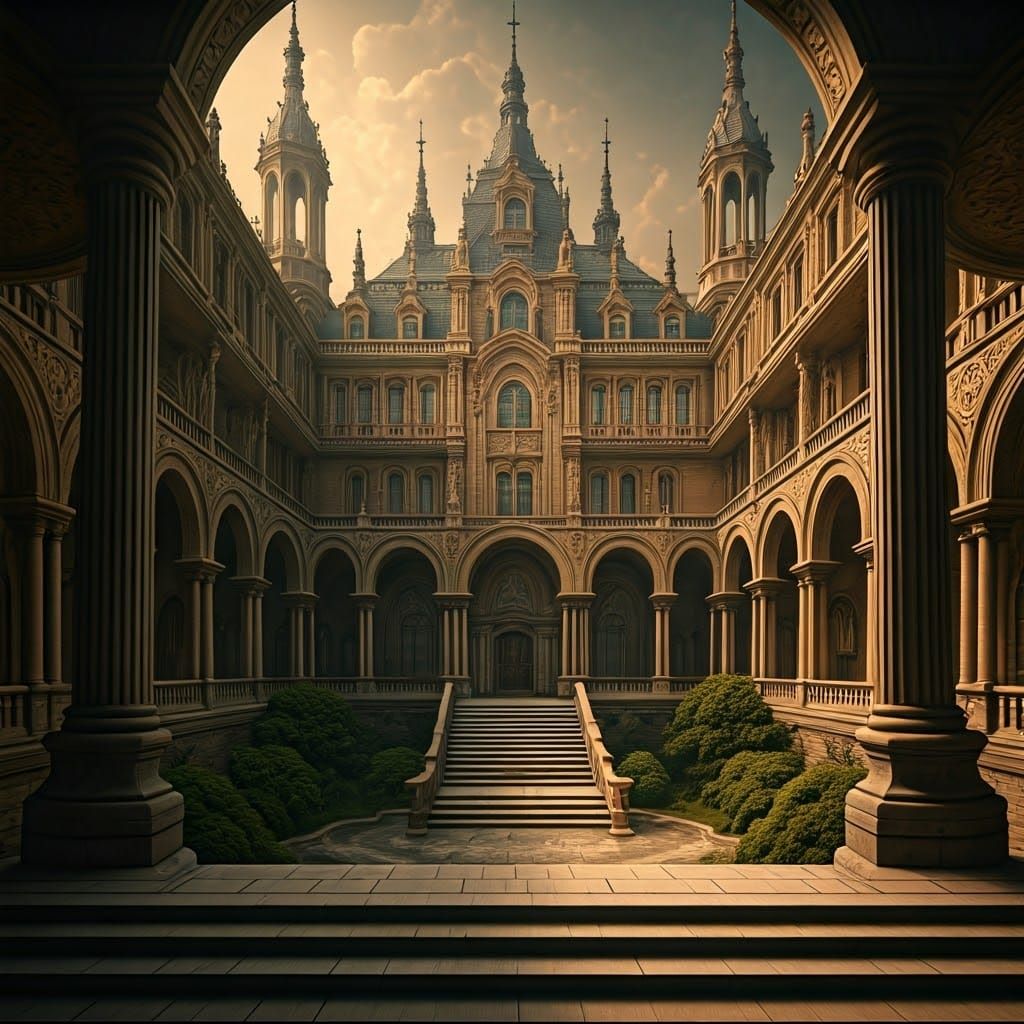 Grand Baroque Courtyard with Intricate Stone Carvings and Lu...