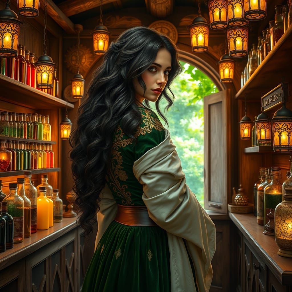 Medieval Maiden in Enchanted Wooden Shop