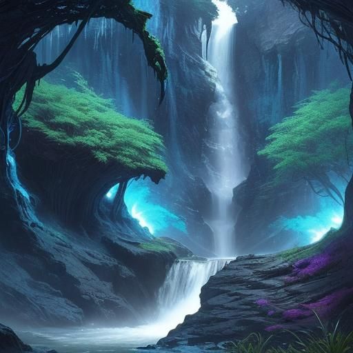 Hyperrealistic Alien Waterfall Landscape Concept Art