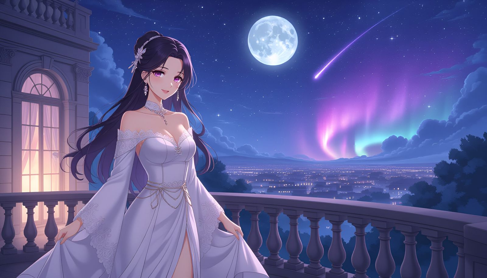 Anime Woman on Balcony Under Aurora Borealis
