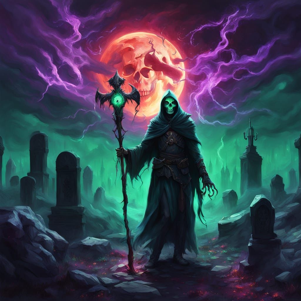 Dark Fantasy Necromancer in Graveyard Digital Painting