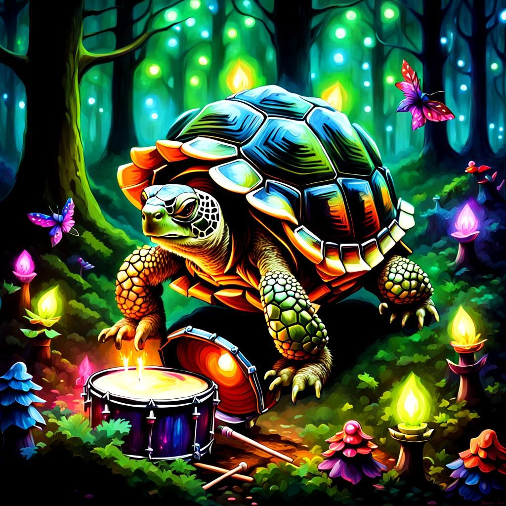 Punk Rock Tortoise in Enchanted Forest, Alcohol Ink Art